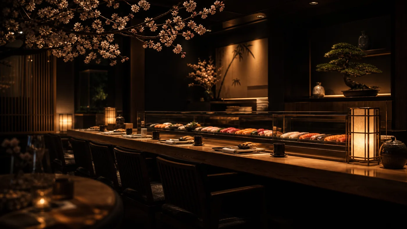 Elegant Japanese restaurant interior with warm lantern lighting